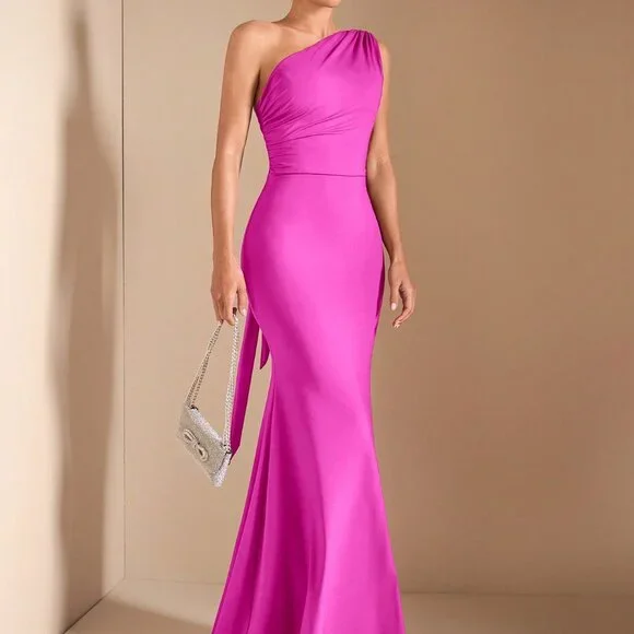 Hot Pink Elegant Women's Asymmetric Long Dress